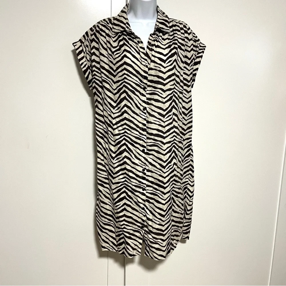 100% Linen Zebra Print Button-Front Shirt Dress Size Medium Lightweight Animal - Picture 2 of 7
